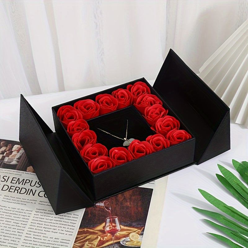 1pc Elegant Gift Box with 16 Preserved Roses, Dual-Opening Jewelry Packaging for Necklace, Ring, Bracelet -