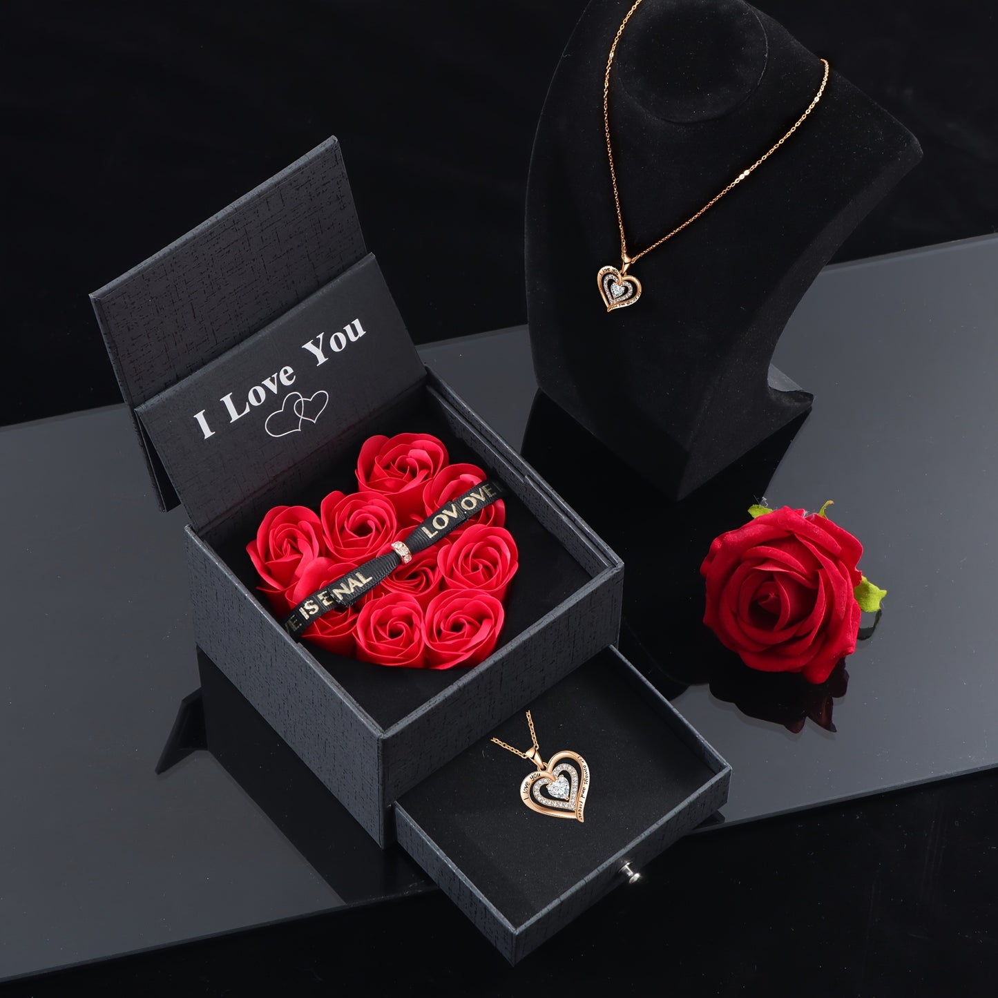 Rose Artificial Flowers in Heart-Shaped Box with "I Love You" Golden Heart