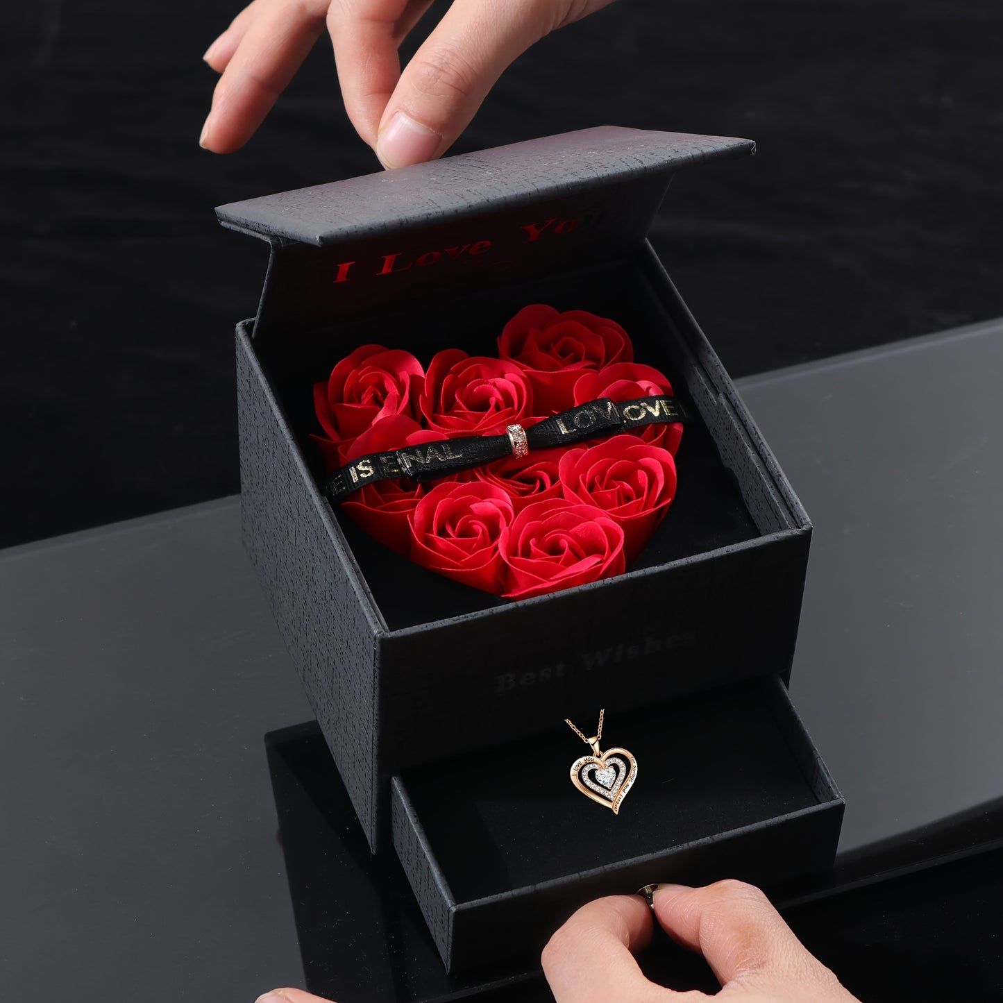 Rose Artificial Flowers in Heart-Shaped Box with "I Love You" Golden Heart