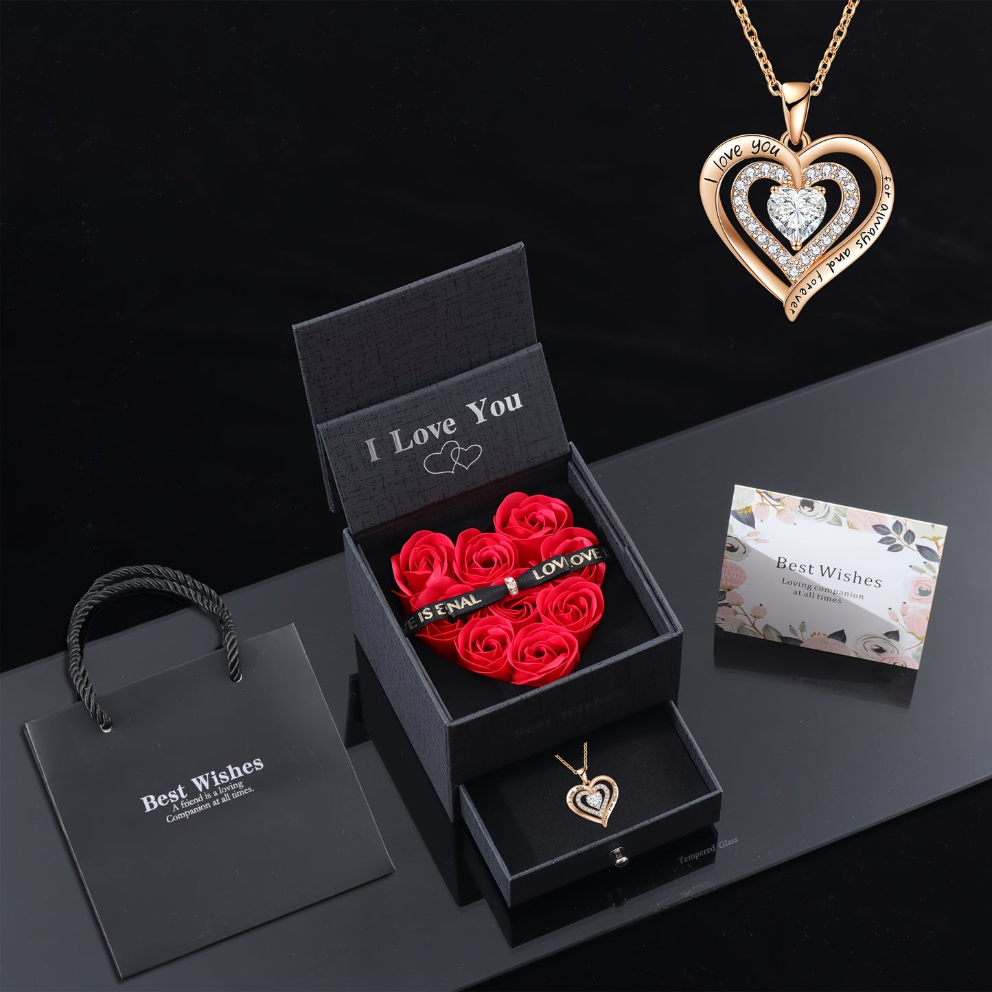 Rose Artificial Flowers in Heart-Shaped Box with "I Love You" Golden Heart