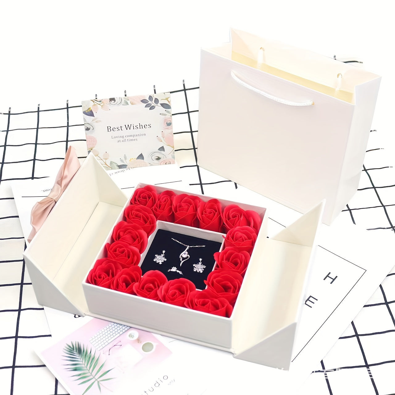 1pc Elegant Gift Box with 16 Preserved Roses, Dual-Opening Jewelry Packaging for Necklace, Ring, Bracelet -